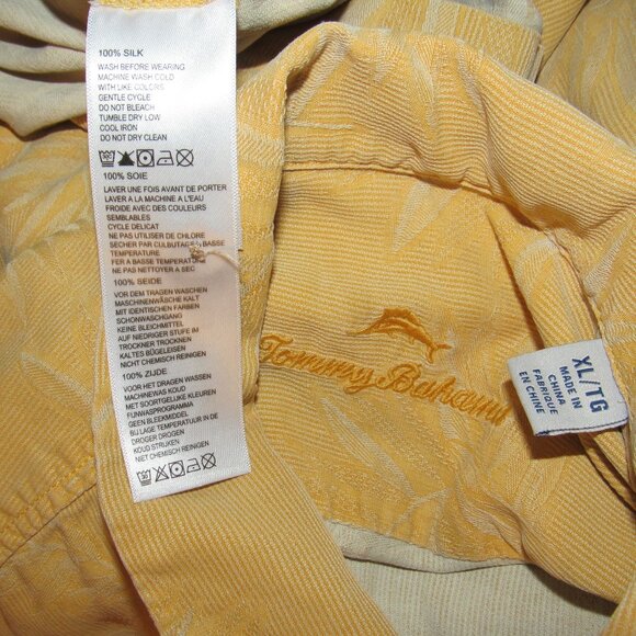 Tommy Bahama 100% Silk Button Up Shirt Yellow Mens XL Tropical Embossed Textured - Picture 3 of 4